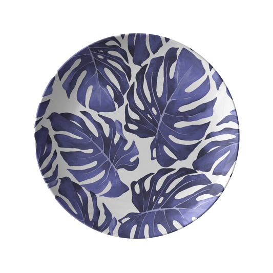 Jungle palm leaves print plastic plate in navy bue and white.