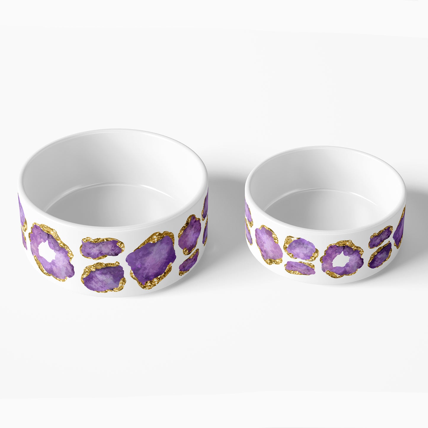 White ceramic large and small pet bowls with purple and gold jewel print