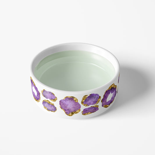 No spill pet water bowl made of heavy white ceramic with purple jewel print