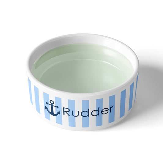 Nautical Anchor & Stripes Pet Bowl, Personalized, Blue & White