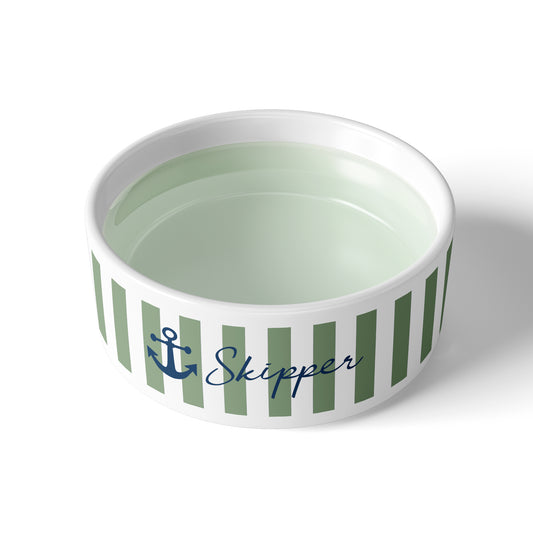 Nautical Anchor & Stripes Pet Bowl, Personalized, Green & White