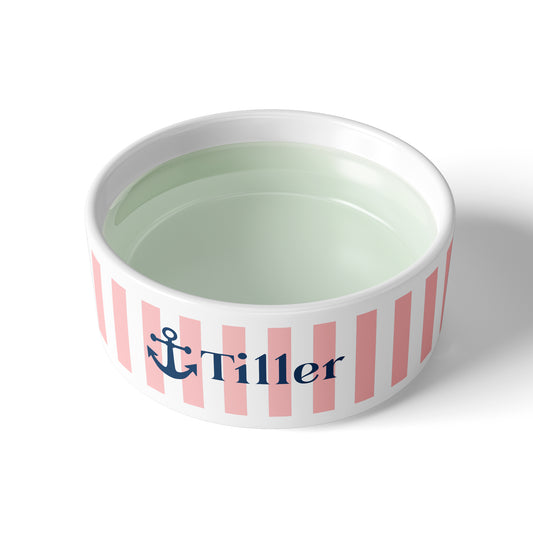 Nautical Anchor & Stripes Pet Bowl, Personalized, Pink & White