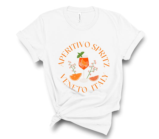 Aperol spritz tee shirt for women features pretty orange cocktail and says Aperitivo Spritz, Veneto Italy.