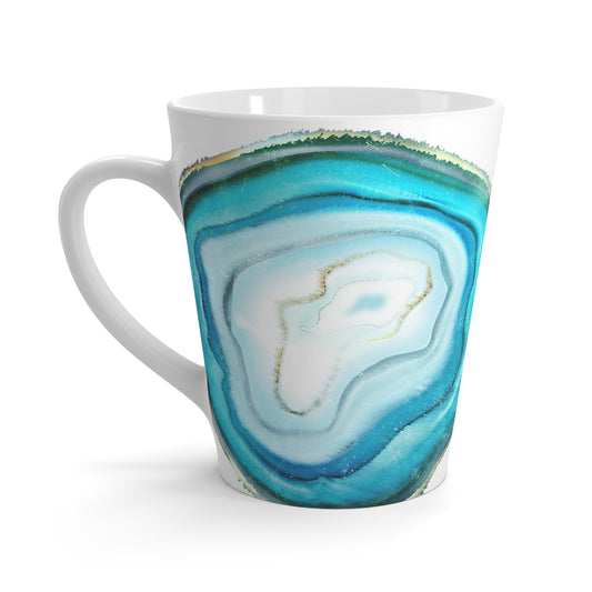 White ceramic Mug with a aqua blue and teal agate slice design on a white background