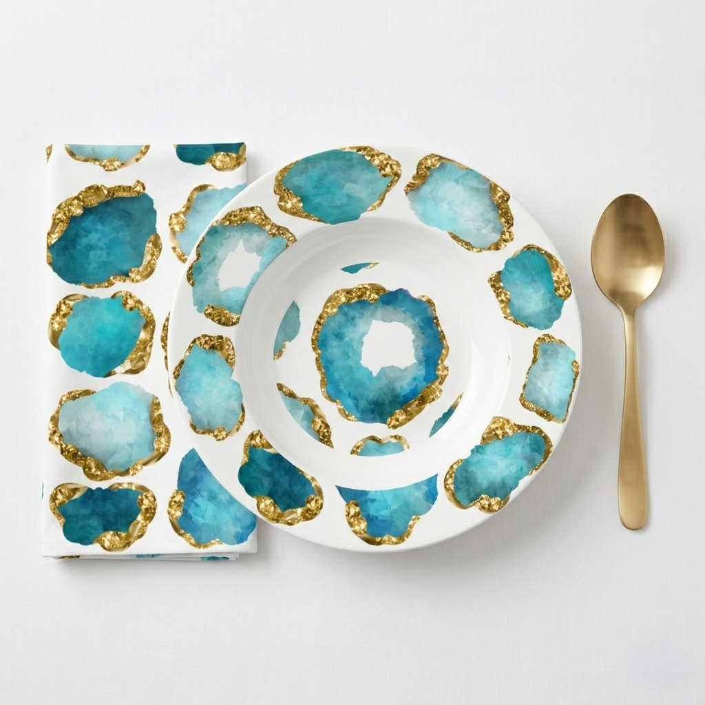 Table setting with a plate, napkin, and spoon featuring blue and gold design on a white background