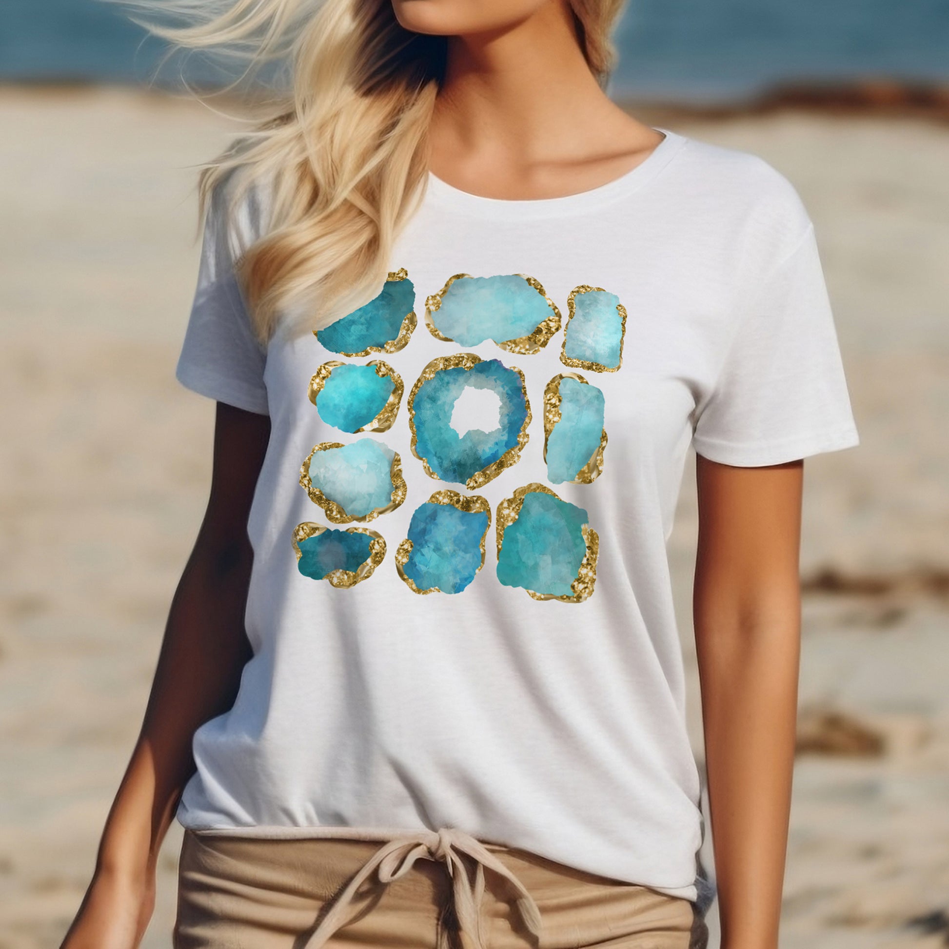 Women's white t-shirt with aquamarine birthstone print with god accents