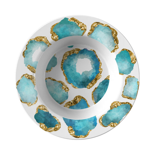 Aqua & Gold Gemstone Print Salad & Soup Bowl features aquamarine jewels