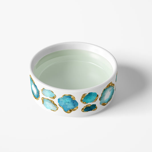 Heavy white ceramic non spill water bowl for dog or cat with blue and gold gemstone print