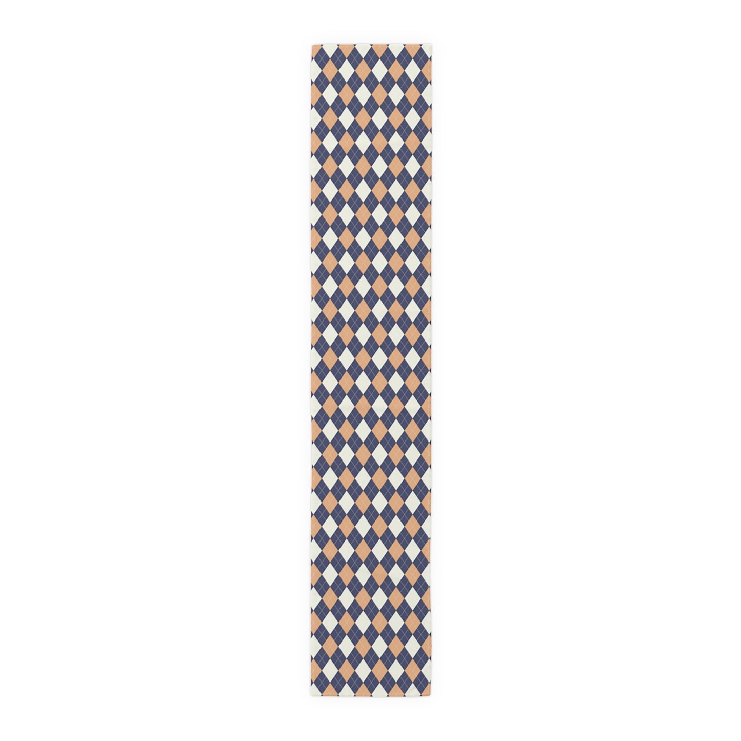 Argyle diamond pattern table runner in navy, orange and cream.
