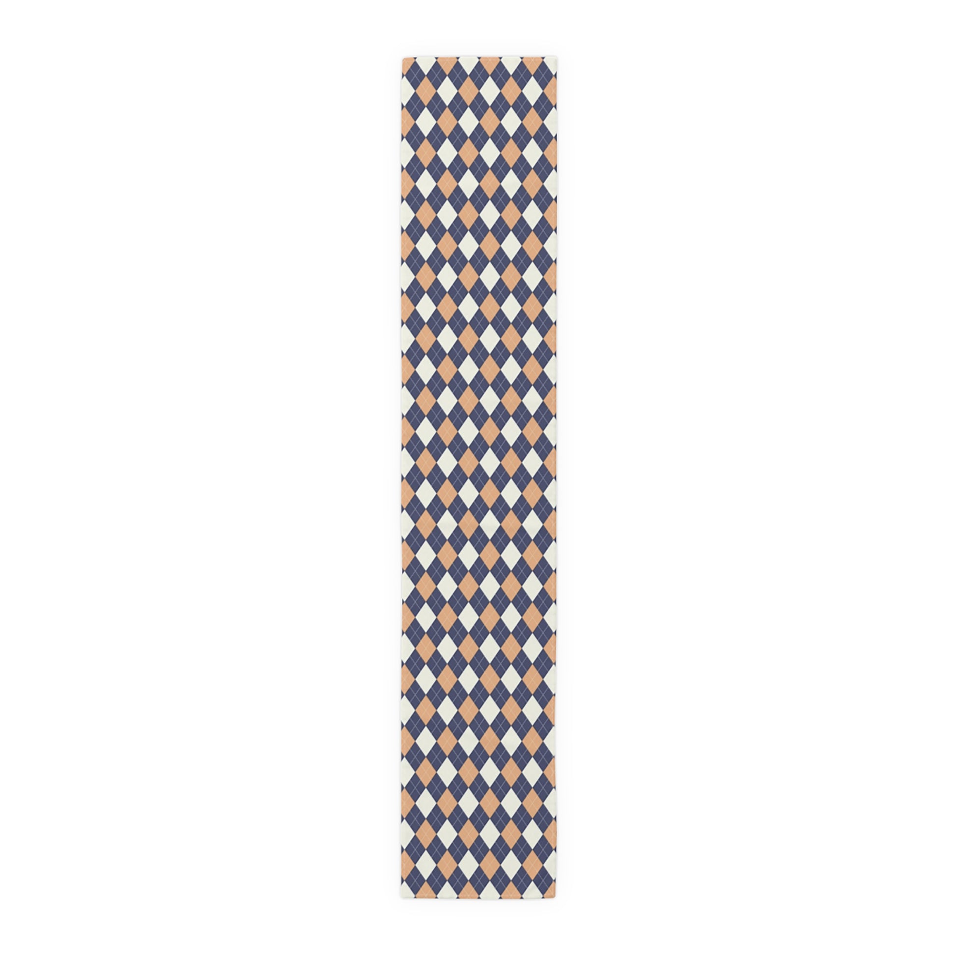 Argyle diamond pattern table runner in navy, orange and cream.