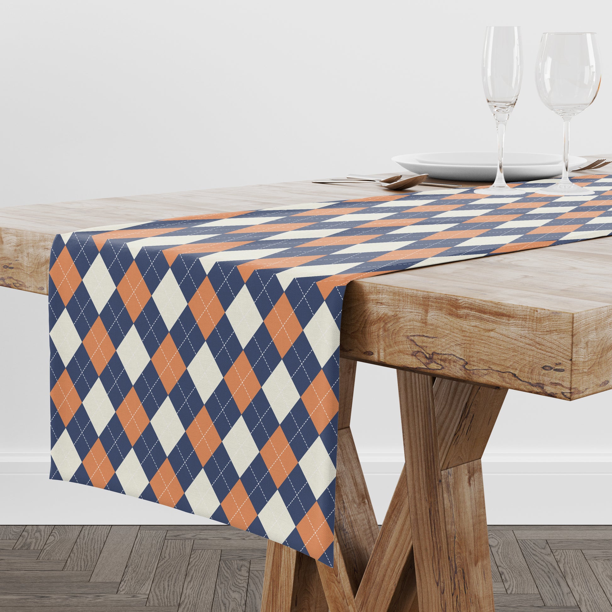 Table runner with geometric pattern on a wooden table