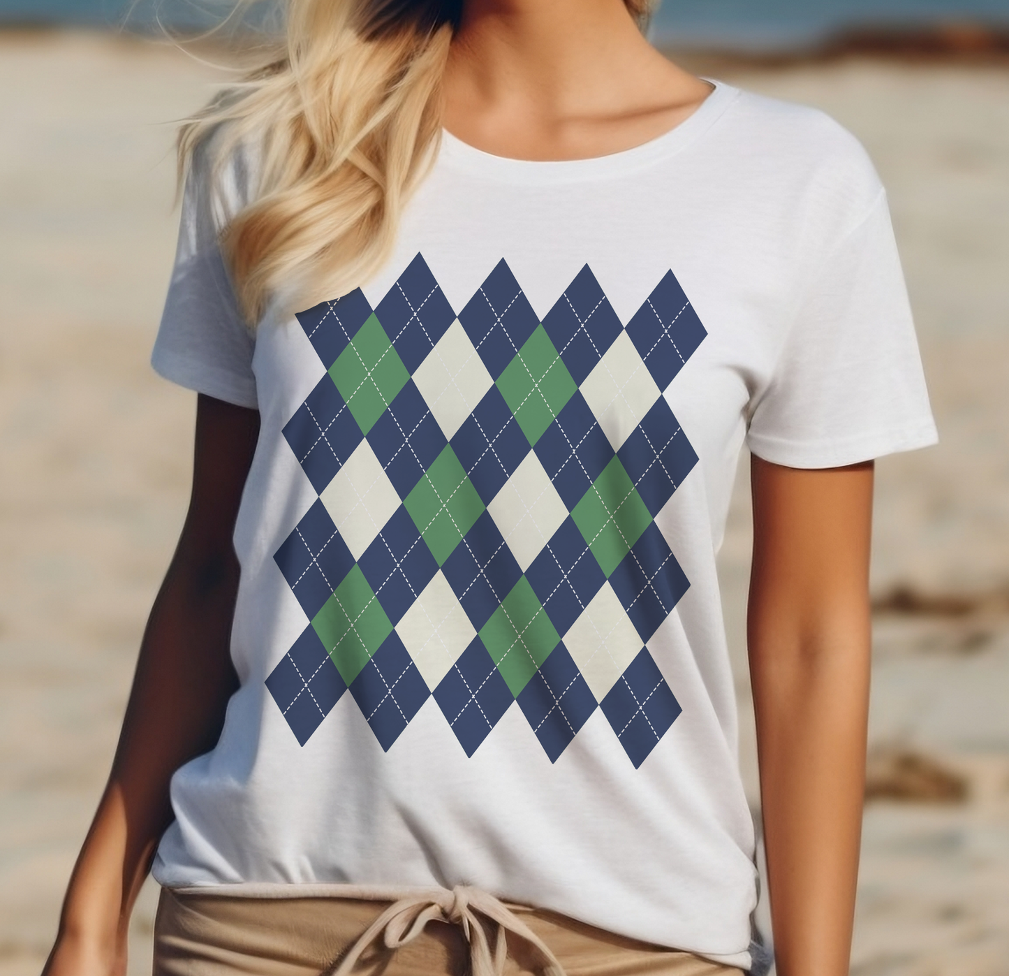 Argyle Pattern T-Shirt, Navy/Green/Cream