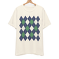 Cream t-shirt with a green and navy blue argyle pattern.
