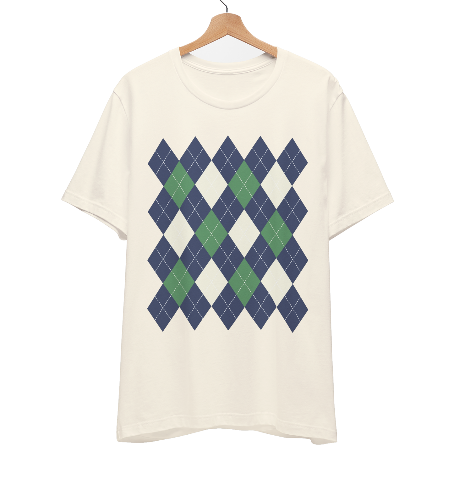 Cream t-shirt with a green and navy blue argyle pattern.