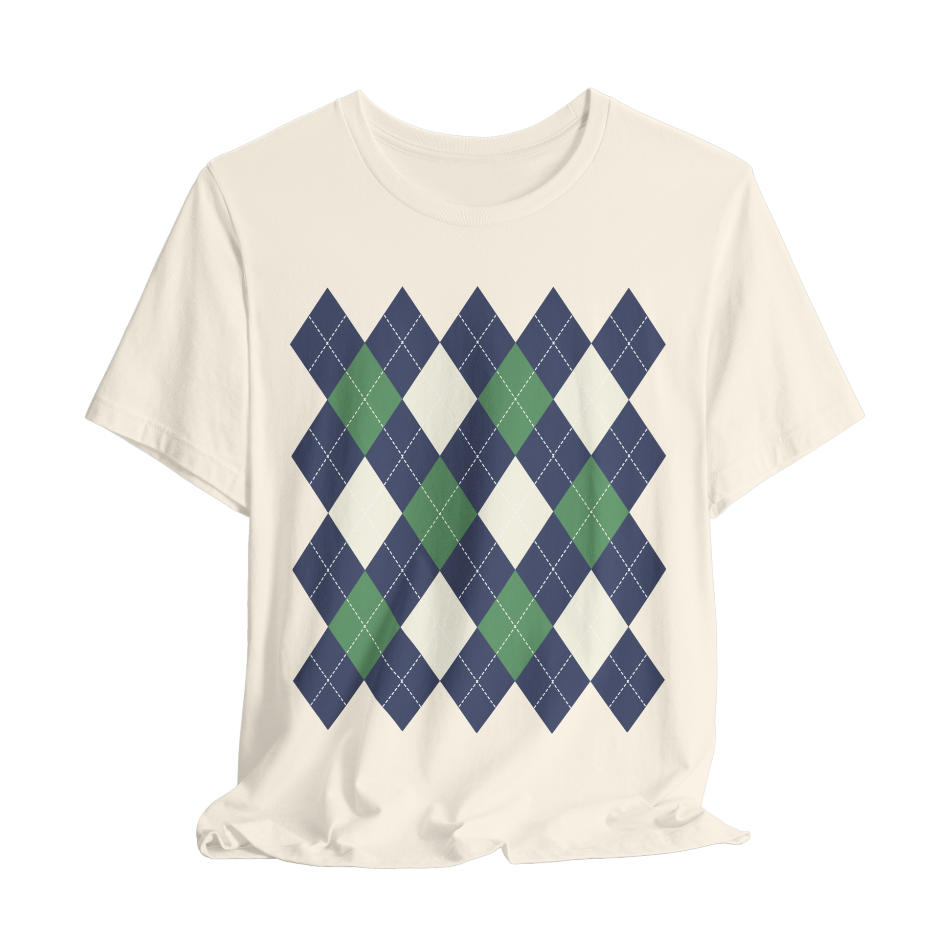 Cream t-shirt with blue and green argyle pattern on a white background