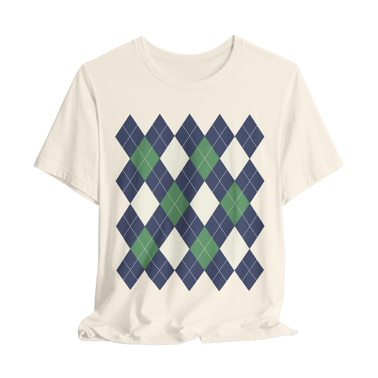 Cream t-shirt with blue and green argyle pattern on a white background