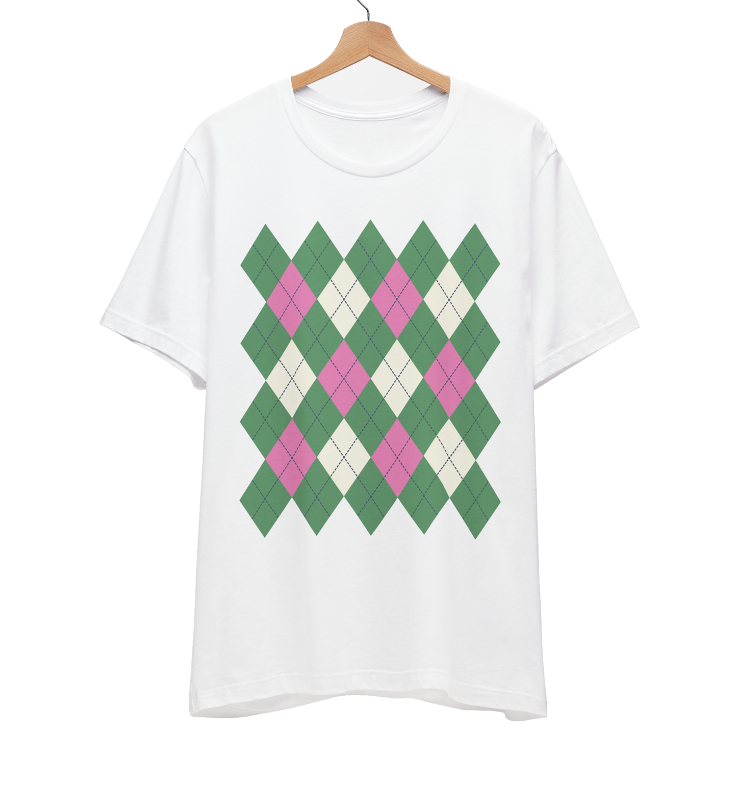 White t-shirt with green and pink argyle pattern on a hanger against a white background