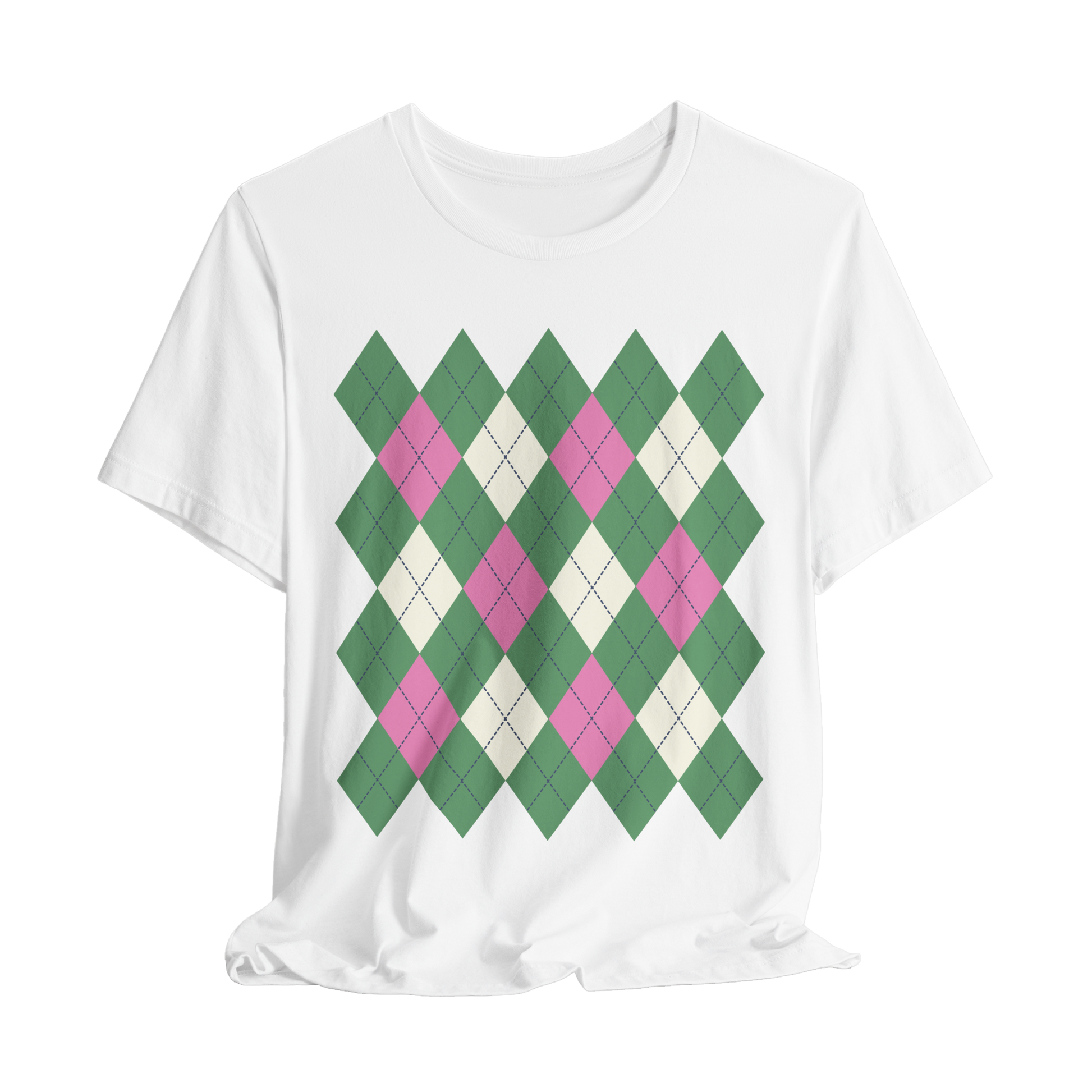 White t-shirt with green and pink argyle pattern on a white background