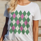 Argyle Pattern T-Shirt, Pink/Green/Cream