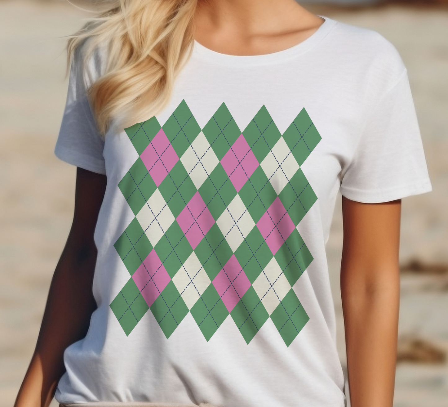 Argyle Pattern T-Shirt, Pink/Green/Cream