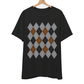 Black t-shirt with an argyle pattern in grey, black and rust.