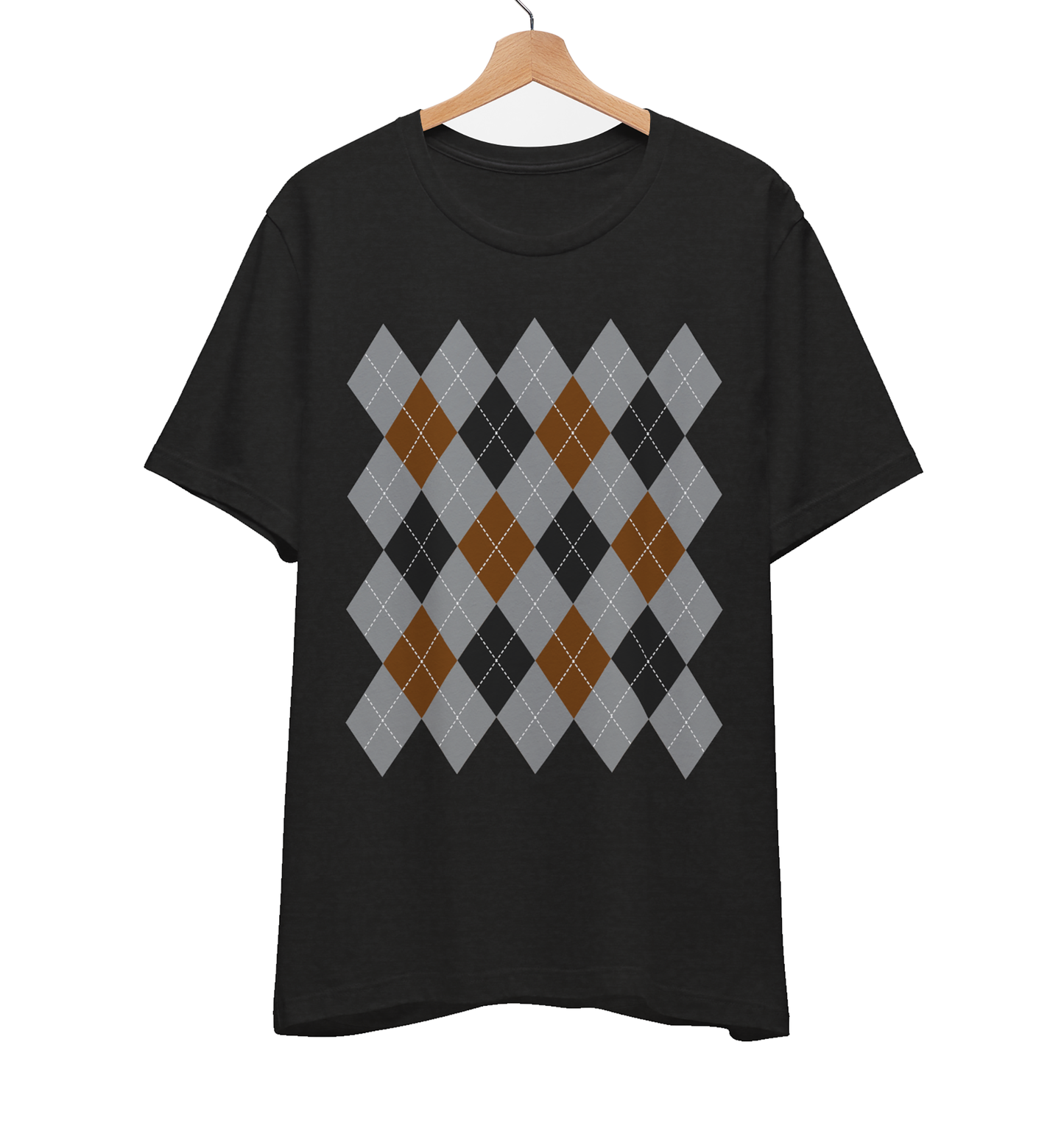 Black t-shirt with an argyle pattern in grey, black and rust.