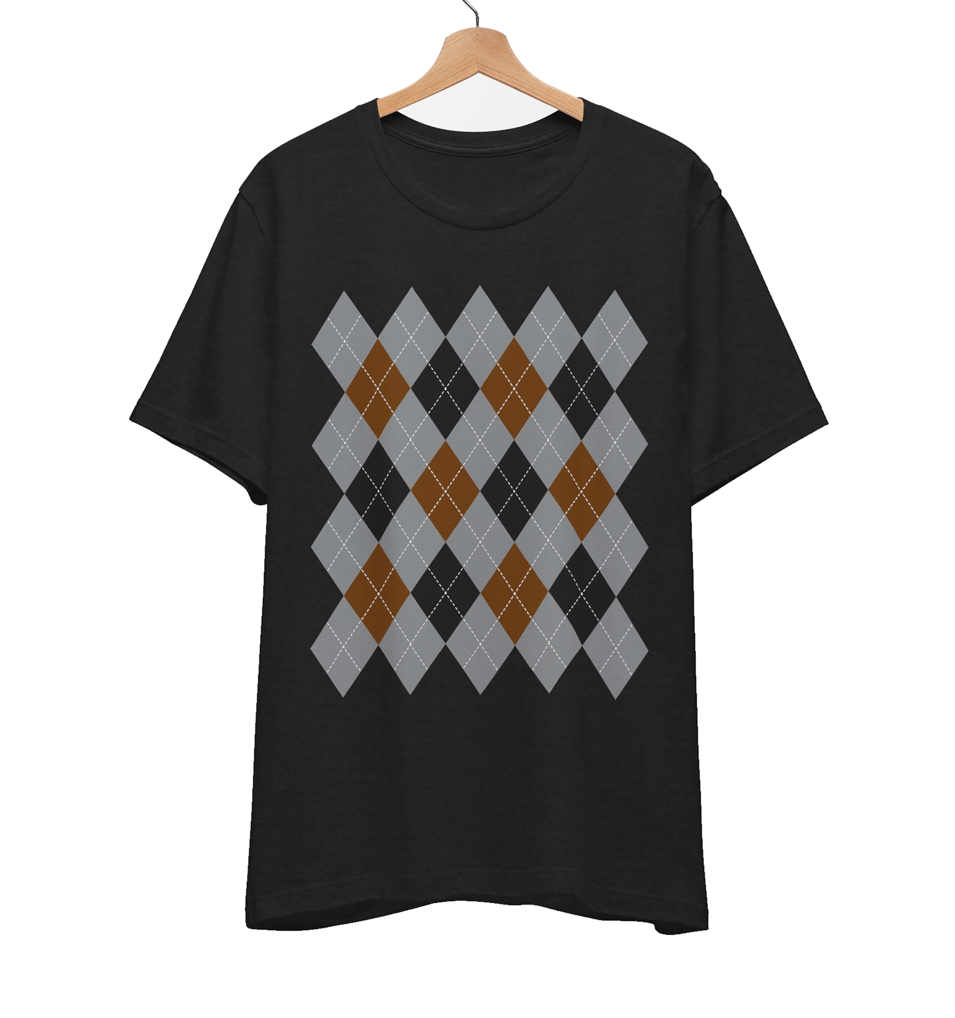 Black t-shirt with an argyle pattern in grey, black and rust.