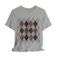 Gray t-shirt with argyle pattern on a white background