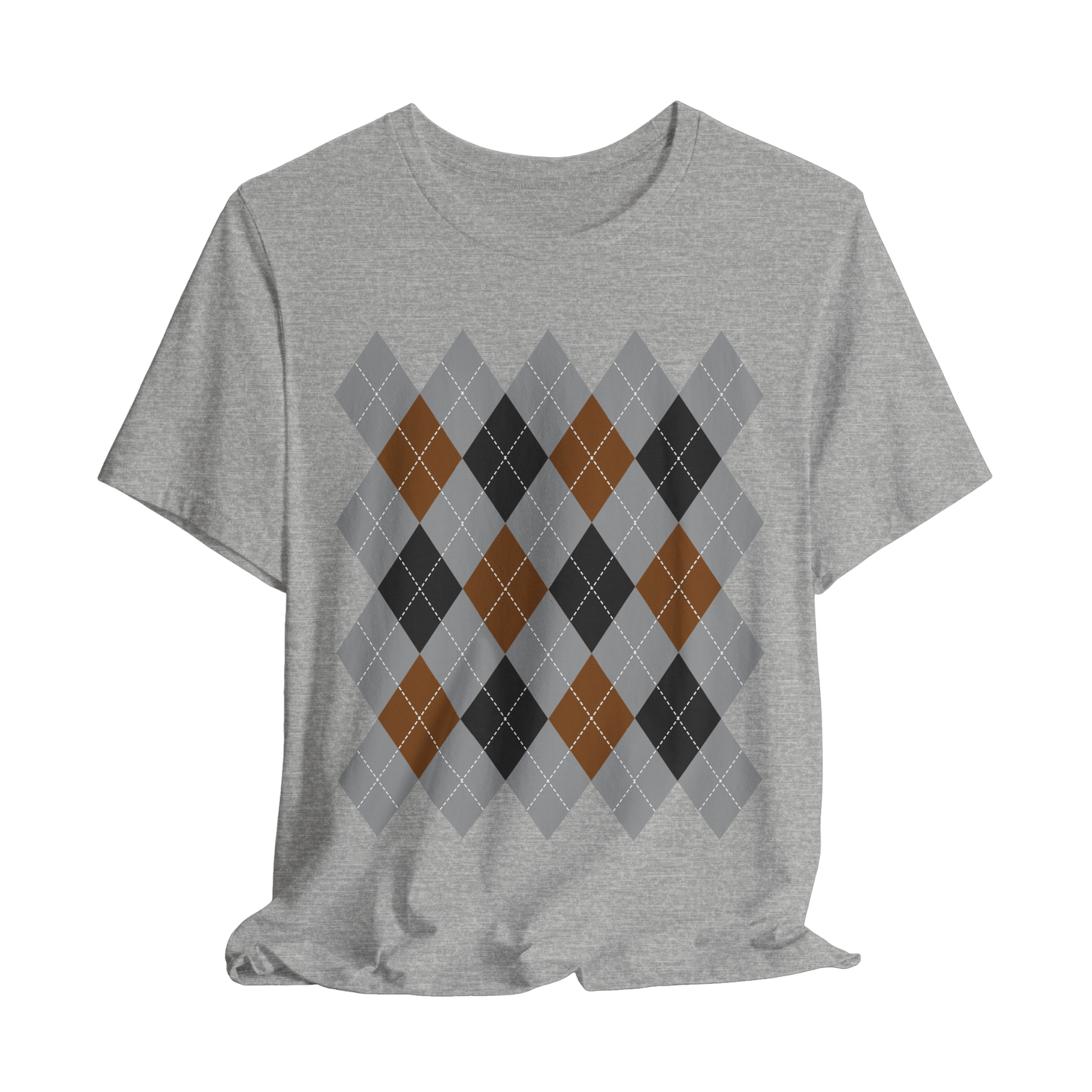 Gray t-shirt with argyle pattern on a white background
