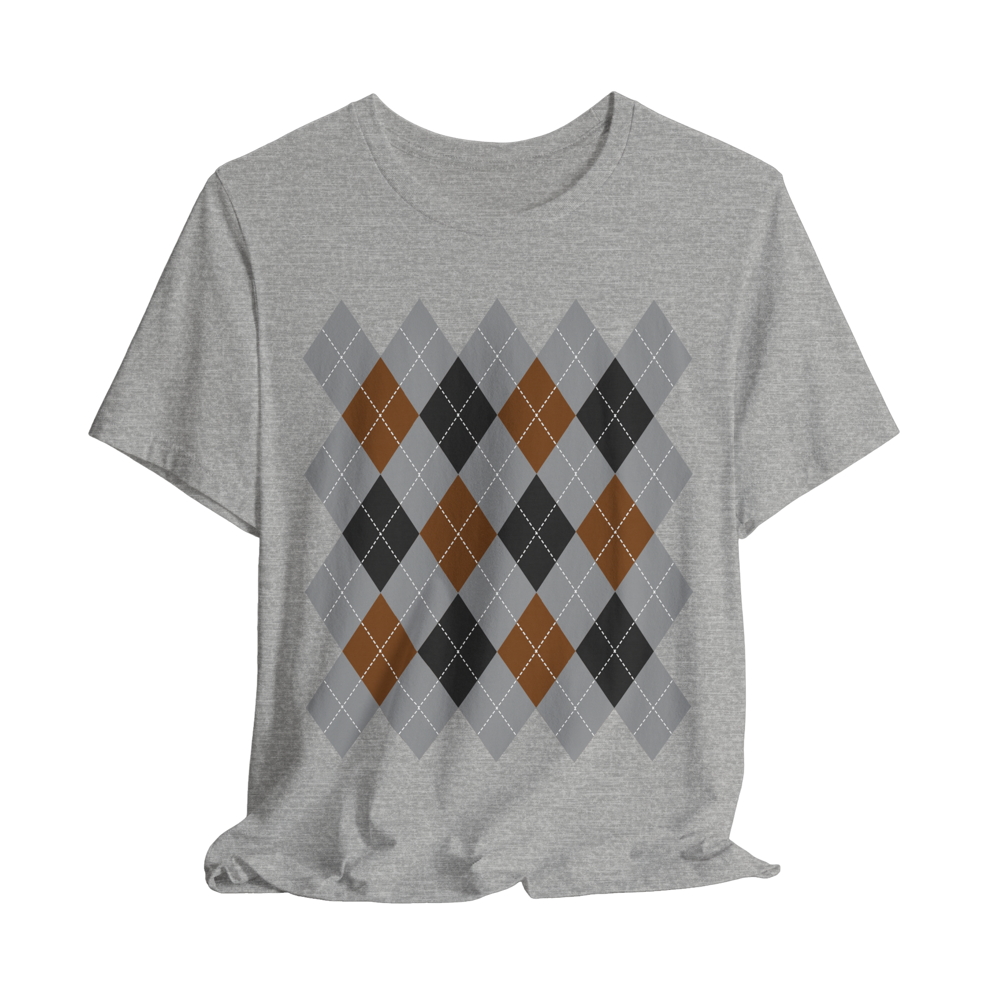Gray t-shirt with argyle pattern on a white background