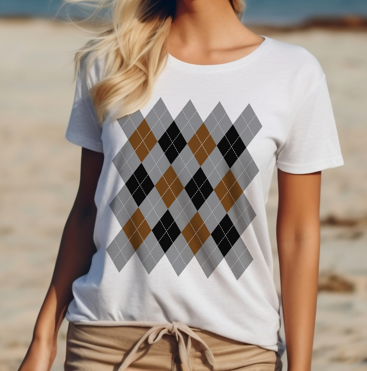 Argyle Pattern T-Shirt, Black/Grey/Rust