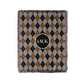Argyle woven throw blanket in grey, black and rust. Personalized text with any name or word.