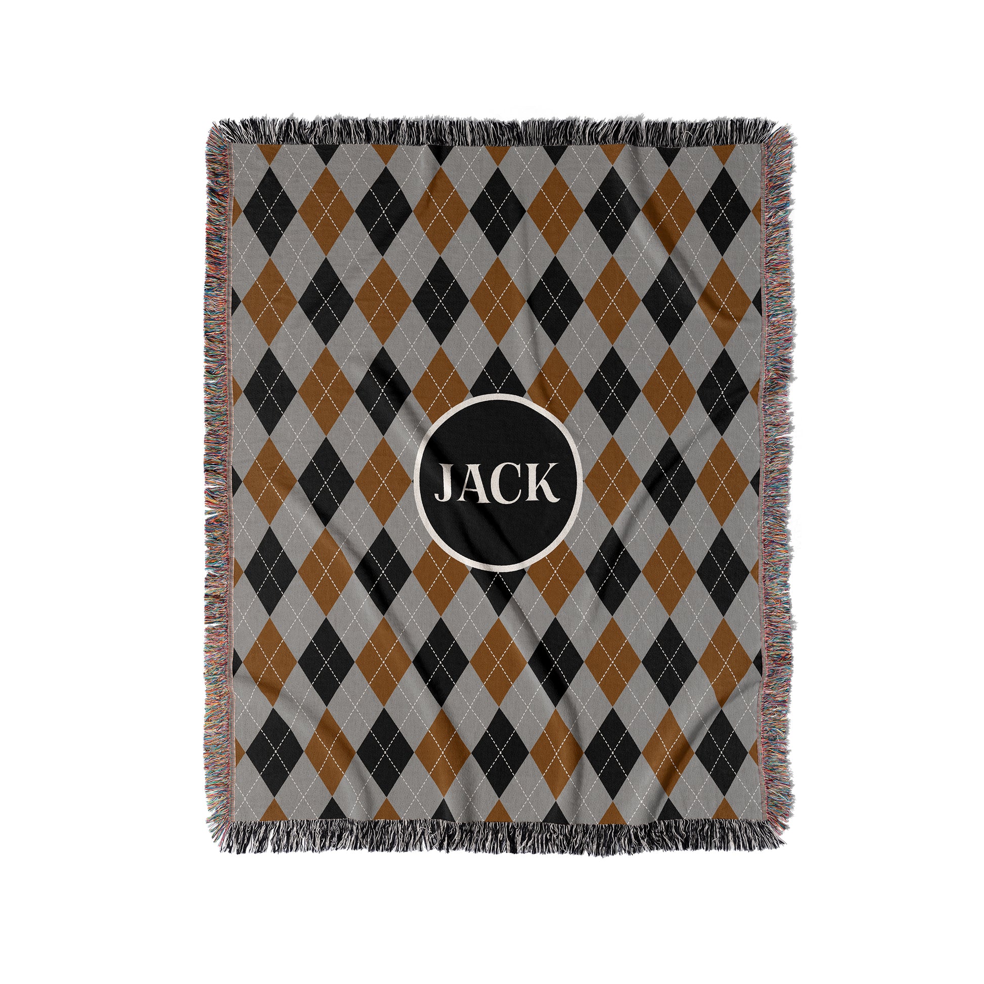 Argyle woven throw blanket in grey, black and rust. Personalized text with any name or word.