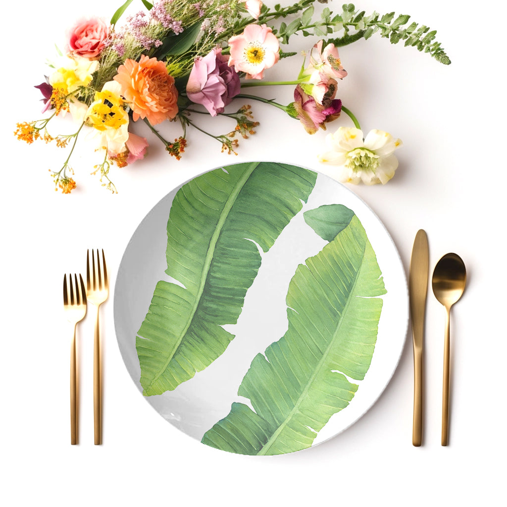 Banana Palm Leaves Plastic Dinner Plates, Green & White