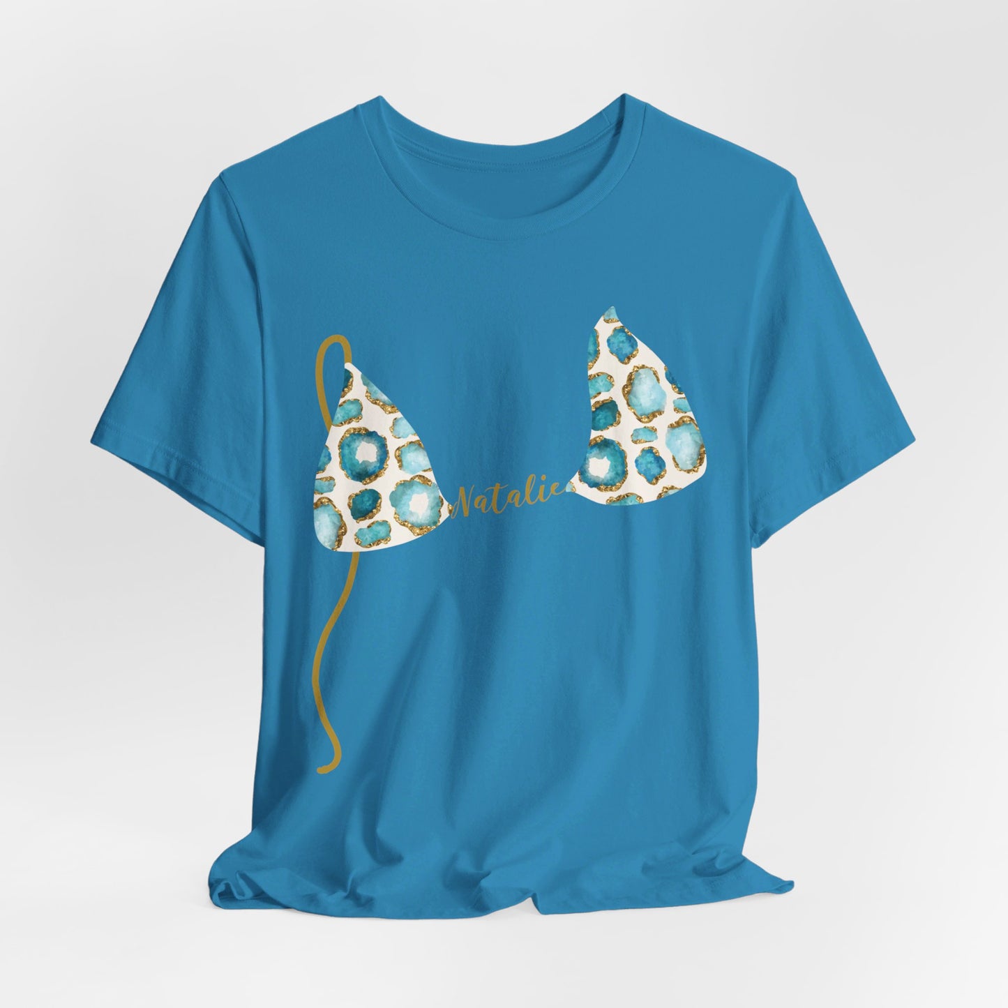 Bikini Top T-Shirt, Aqua & Gold Gemstone Print, Custom Personalization