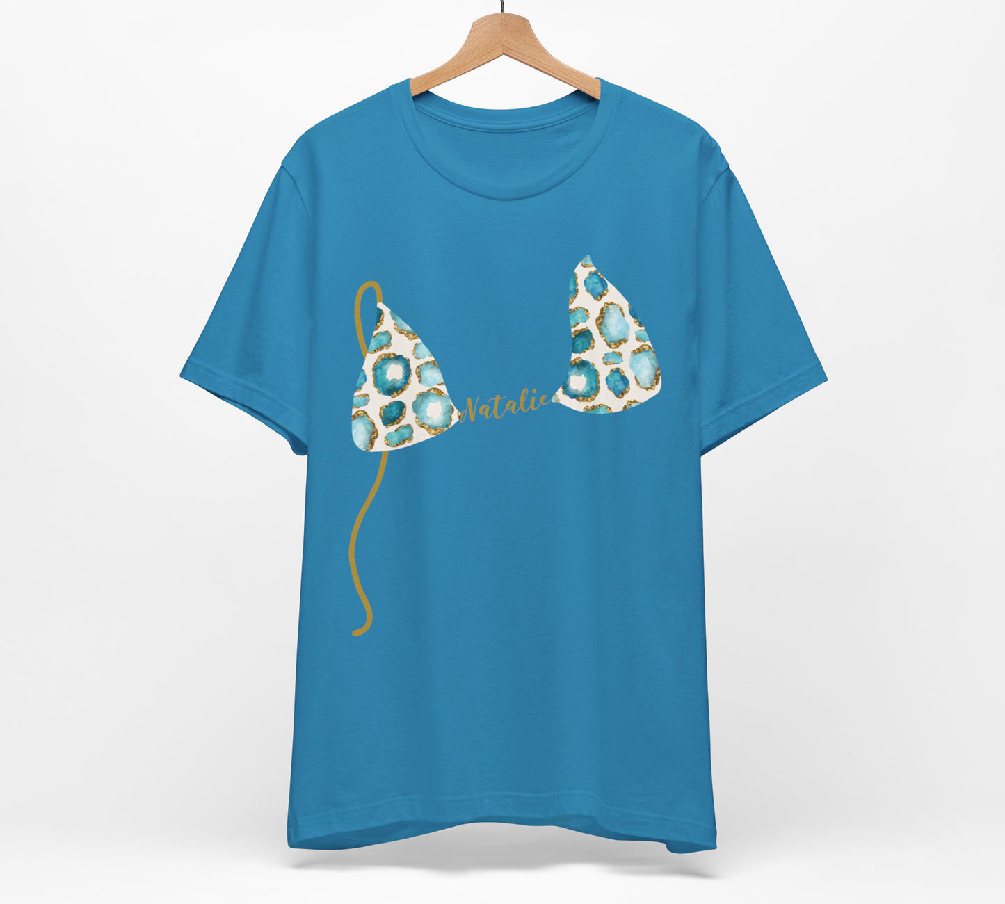 Bikini Top T-Shirt, Aqua & Gold Gemstone Print, Custom Personalization