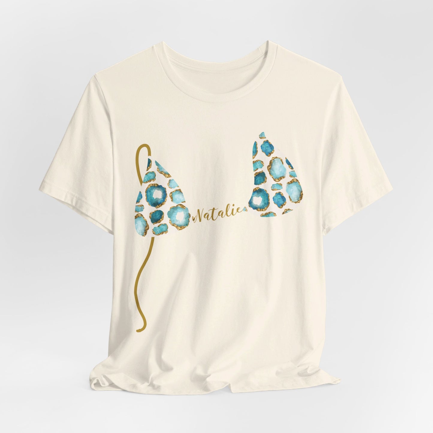 Bikini Top T-Shirt, Aqua & Gold Gemstone Print, Custom Personalization