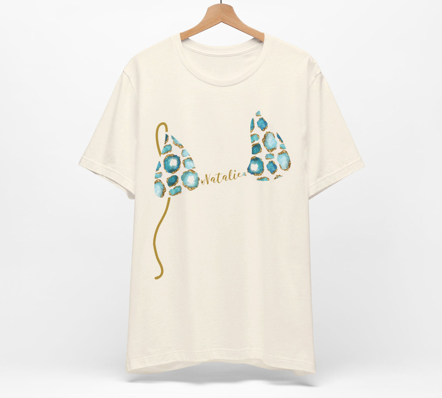 Bikini Top T-Shirt, Aqua & Gold Gemstone Print, Custom Personalization