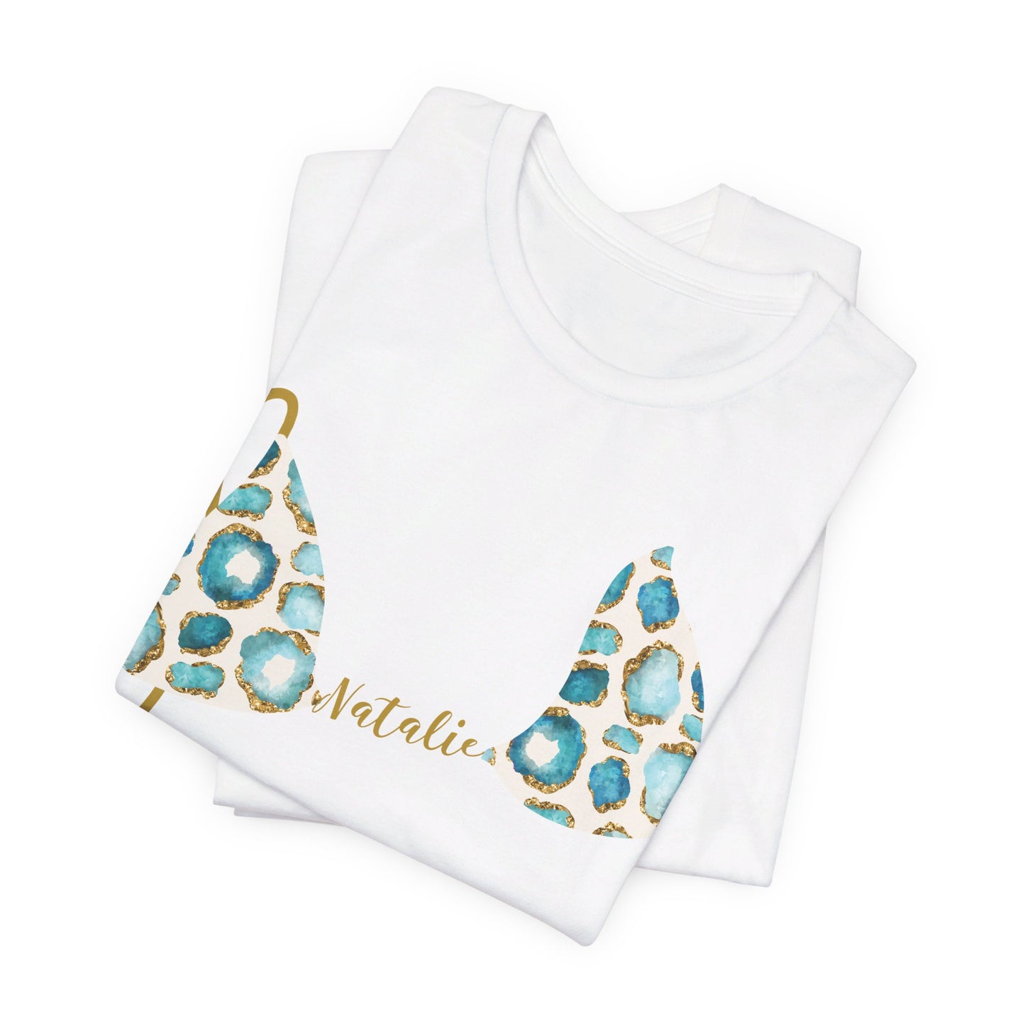 Bikini Top T-Shirt, Aqua & Gold Gemstone Print, Custom Personalization