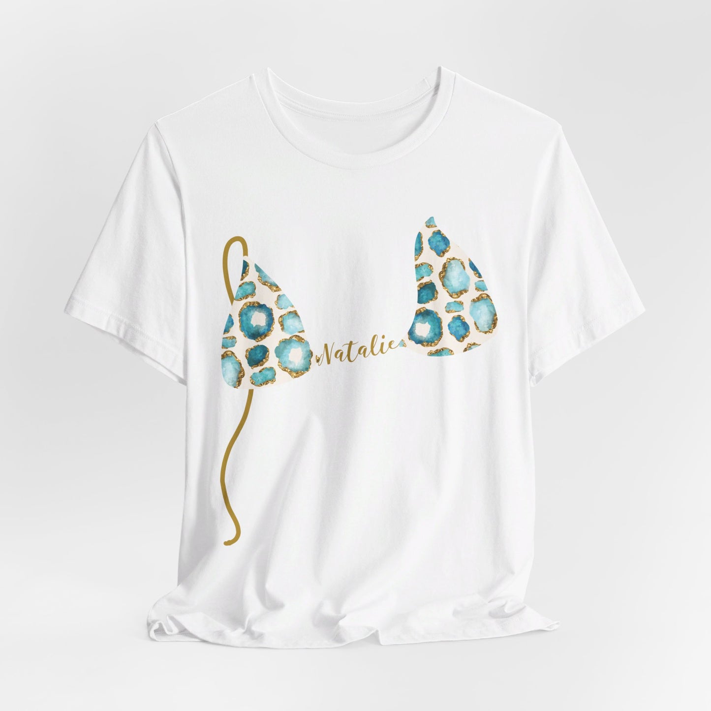 Bikini Top T-Shirt, Aqua & Gold Gemstone Print, Custom Personalization