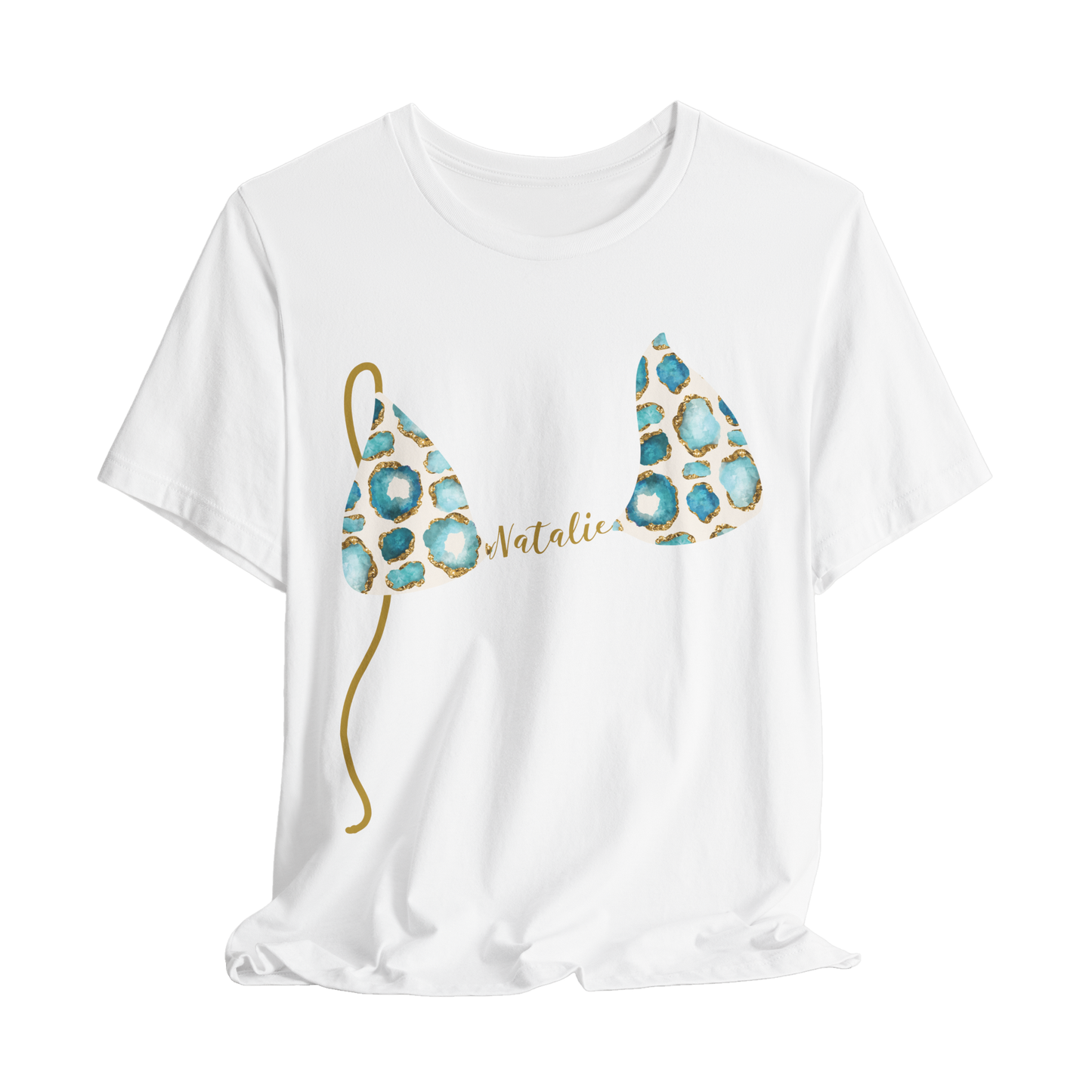 White t-shirt with blue and gold jewel bikini top design and custom name on a white background
