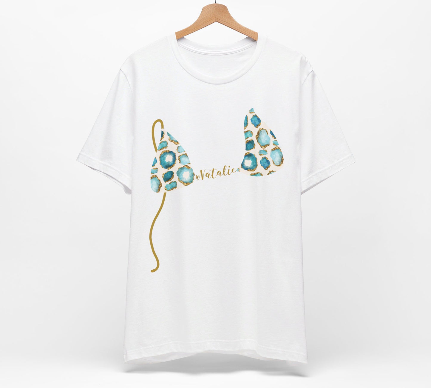 Bikini Top T-Shirt, Aqua & Gold Gemstone Print, Custom Personalization