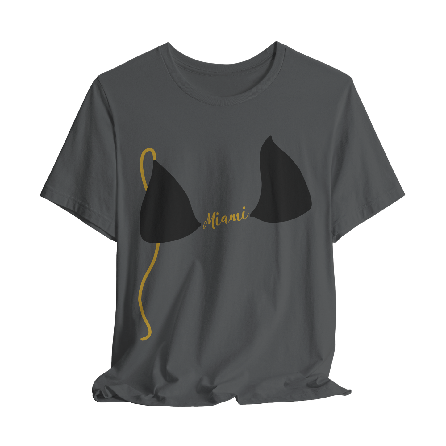 Personalized Gray t-shirt with black bikini top design and custom text on a white background