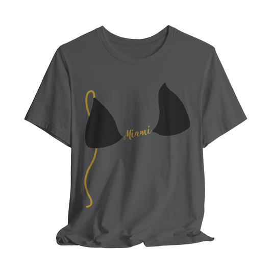 Personalized Gray t-shirt with black bikini top design and custom text on a white background