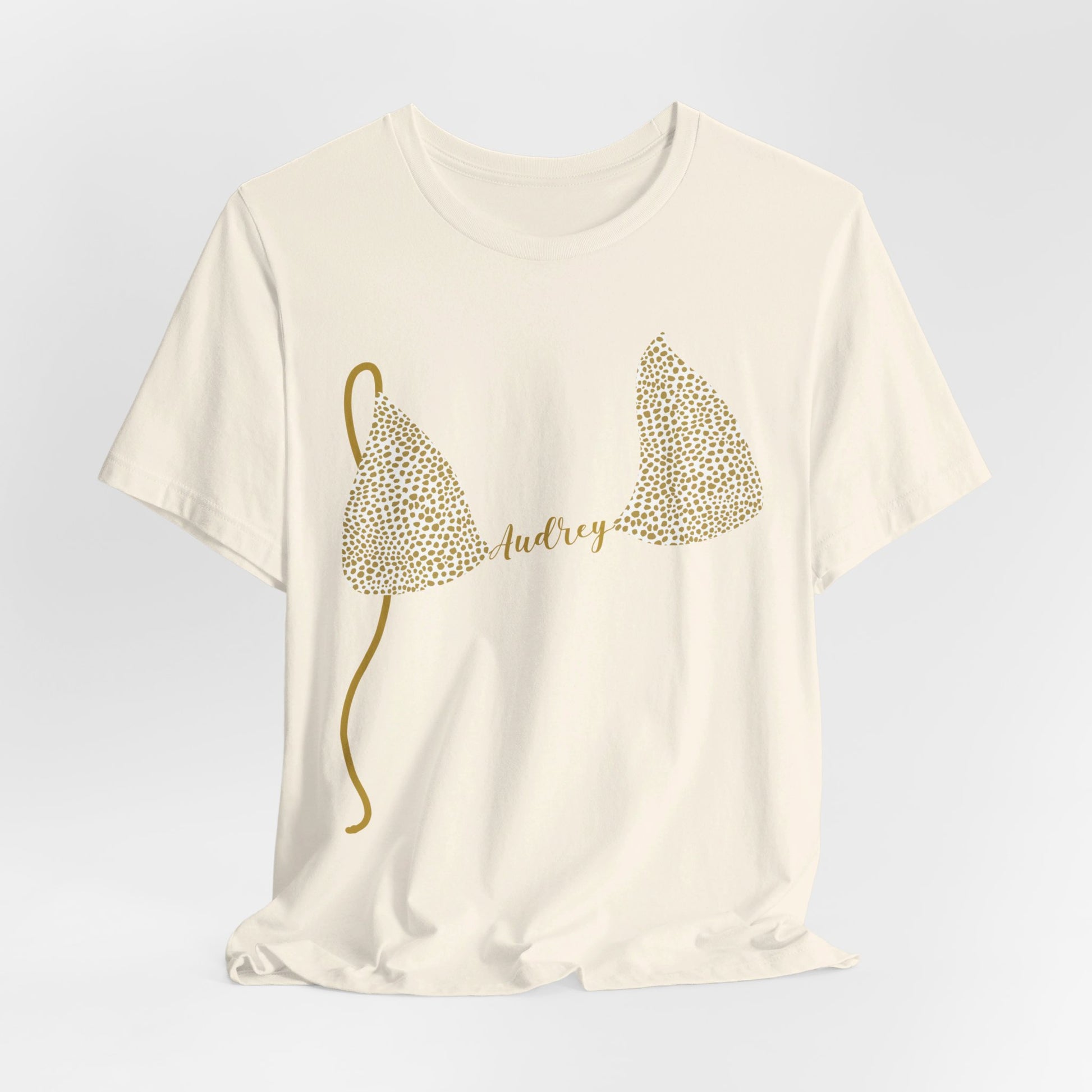 Personalized Bikini Top T-Shirt, Gold Cheetah Print, Natural