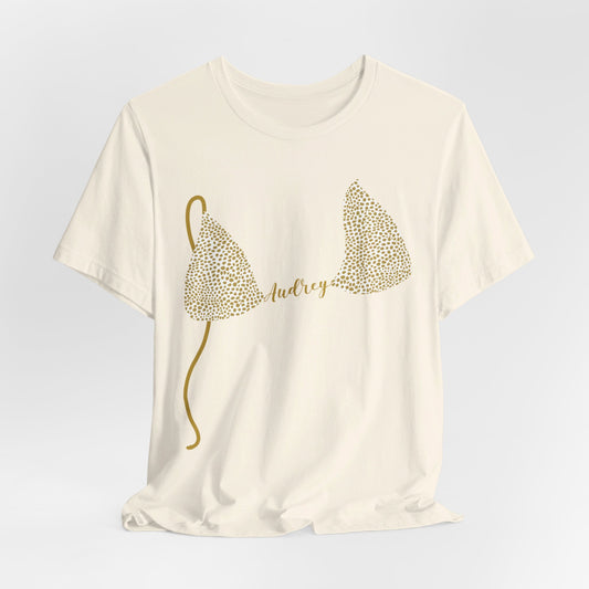 Personalized Bikini Top T-Shirt, Gold Cheetah Print, Natural