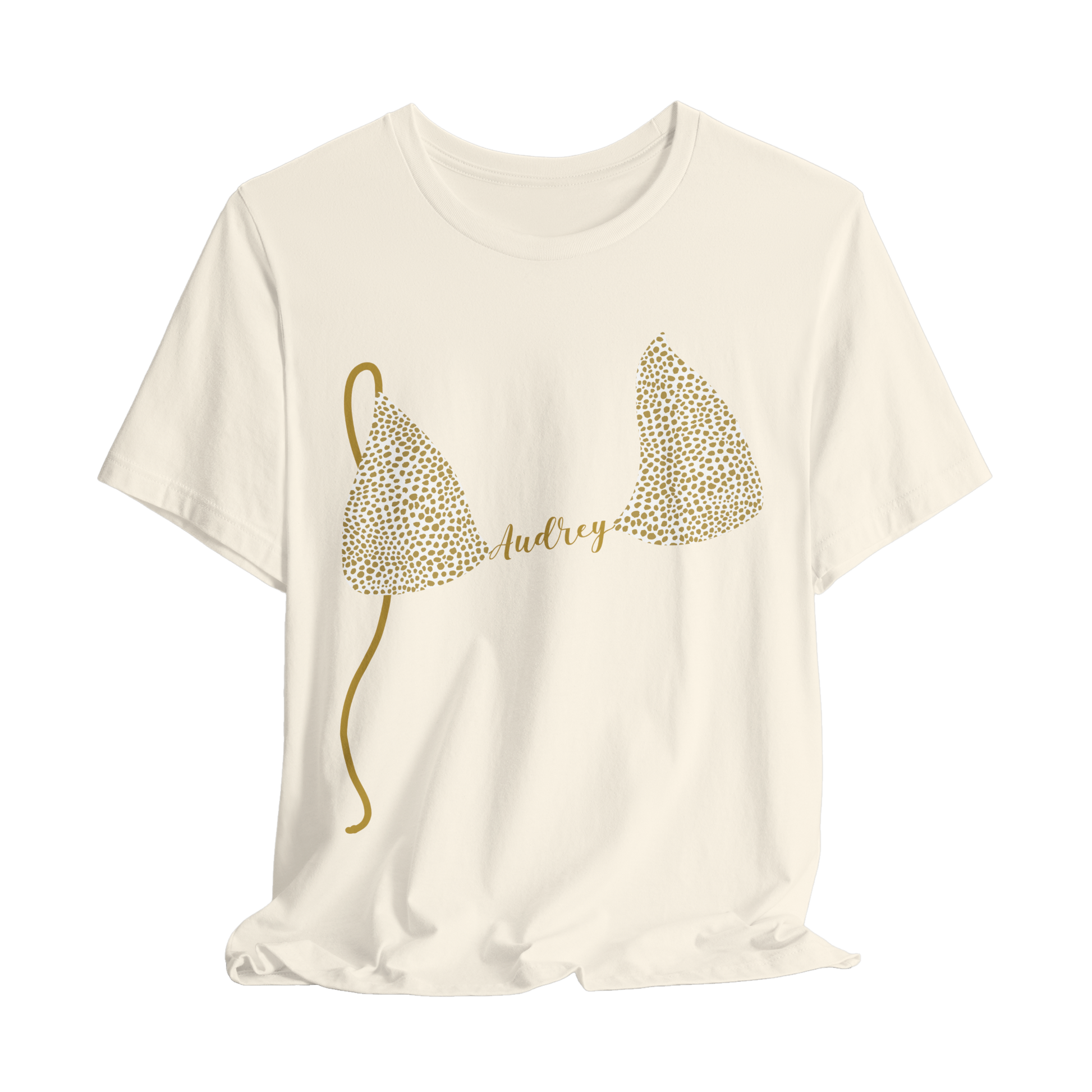 Cream graphic personalized t-shirt with gold cheetah print bikini top design and custom text on a white background