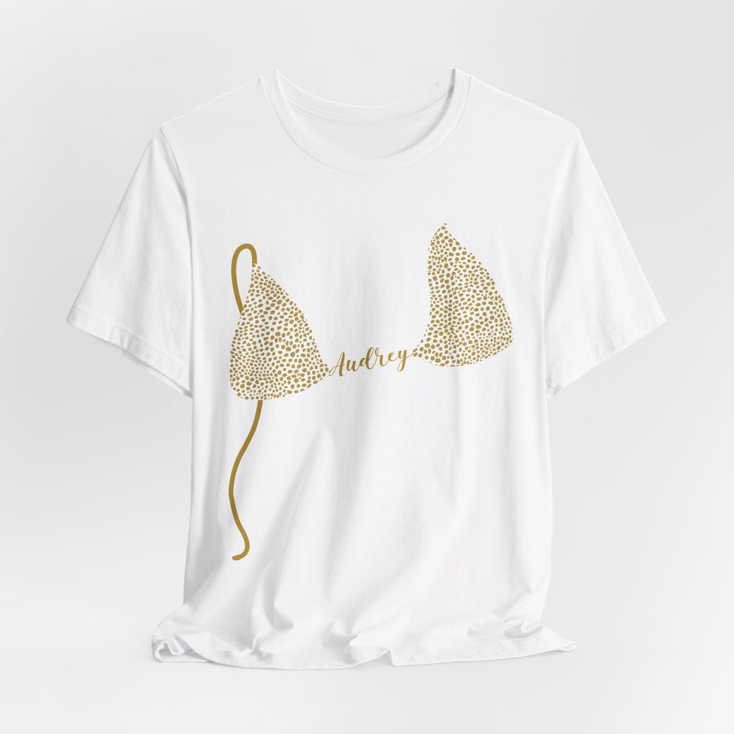 Custom Bikini Top Shirt, Gold Cheetah Animal Print, White