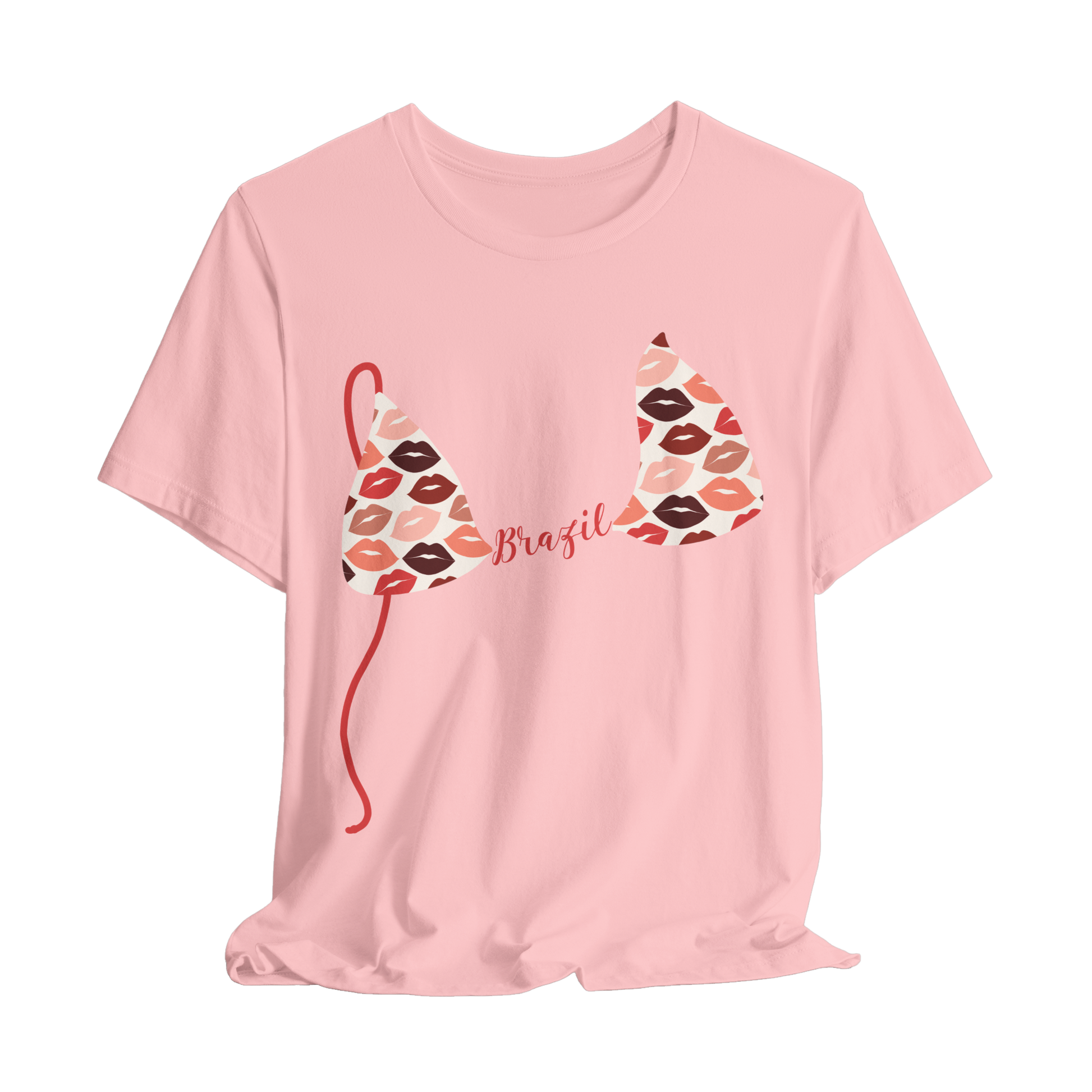 Personalized Pink t-shirt with a bikini top print with lips and 'Brazil' text on a white background