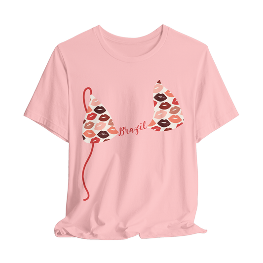 Personalized Pink t-shirt with a bikini top print with lips and 'Brazil' text on a white background